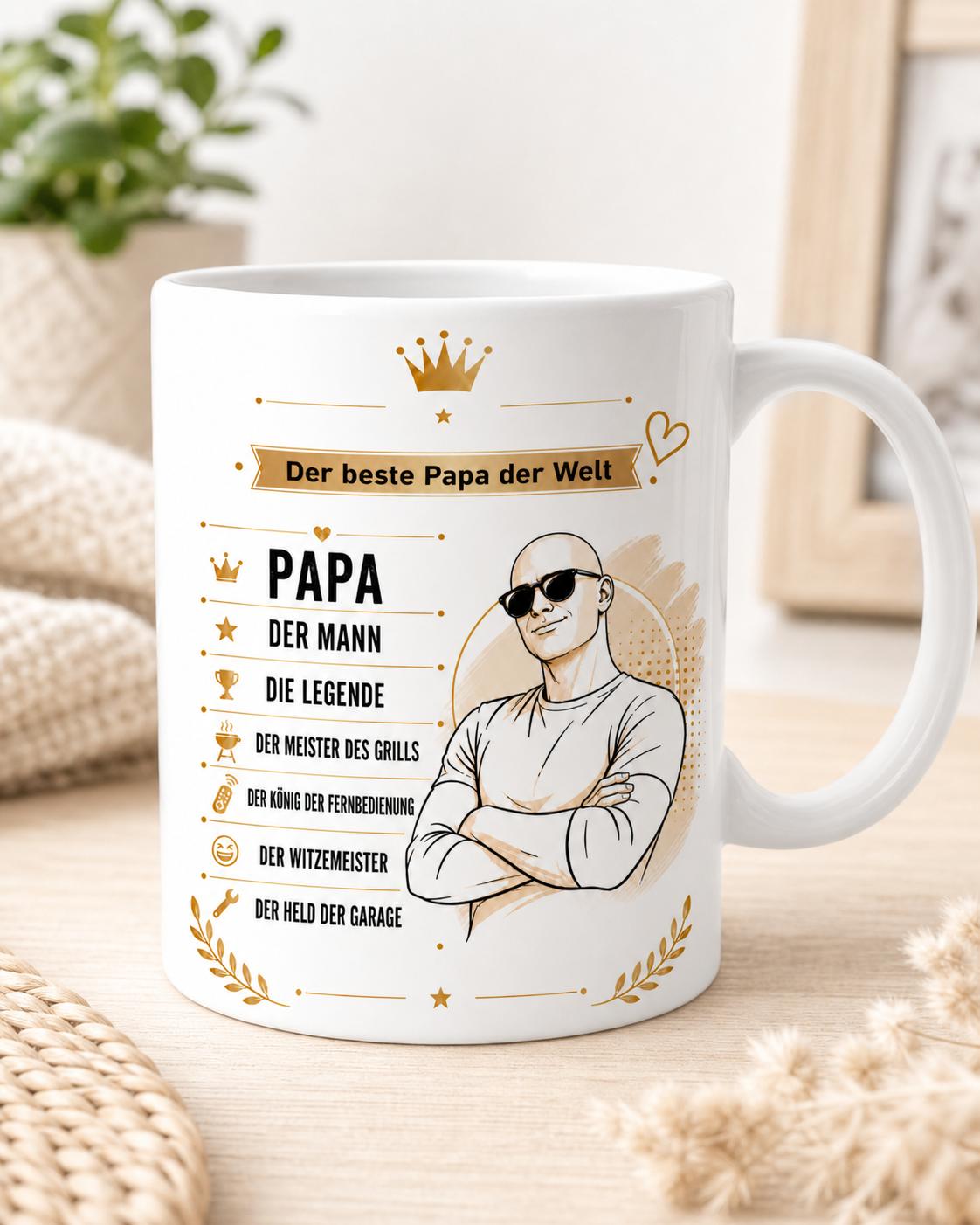 Papa Tasse mit Glatzkopf Motiv und Spruch Der beste Papa der Welt