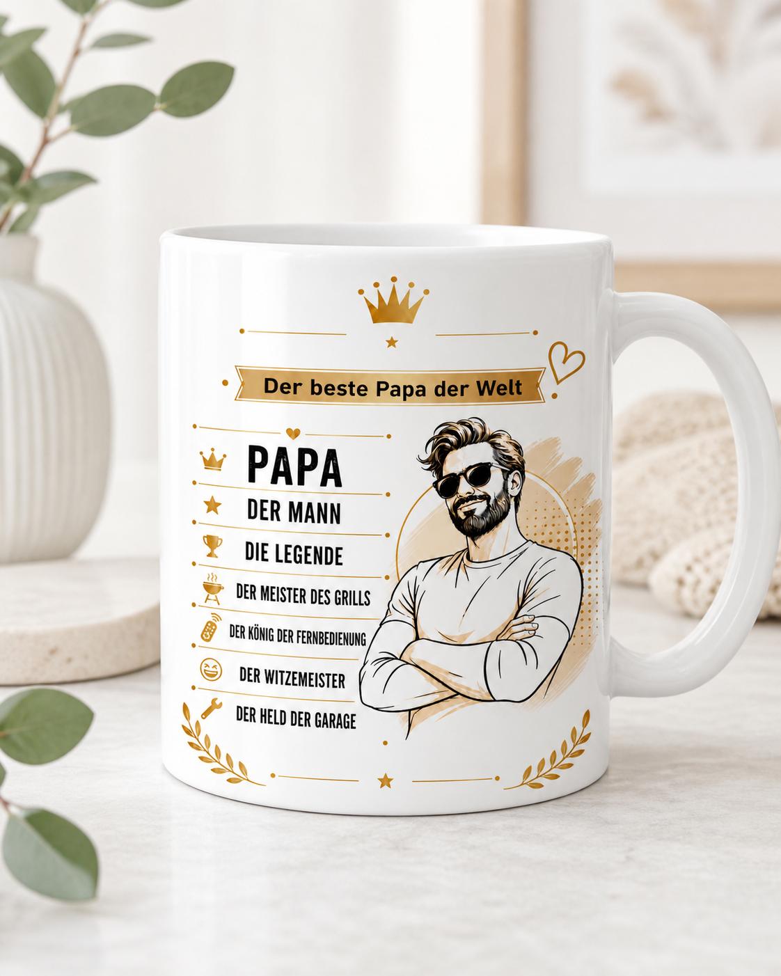 Papa Tasse mit Bart und Frisur Motiv und Spruch Der beste Papa der Welt
