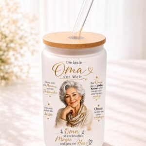 Personalisiertes Oma Glas mit Bambusdeckel und Glasstrohhalm, Motiv Die beste Oma der Welt