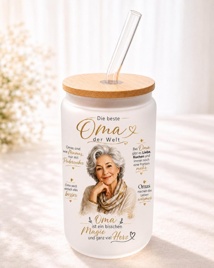 Personalisiertes Oma Glas mit Bambusdeckel und Glasstrohhalm, Motiv Die beste Oma der Welt