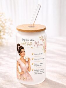 Personalisiertes Mama Glas mit Bambusdeckel und Glasstrohhalm, Haarfarbe braun