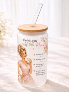 Personalisiertes Mama Glas mit Bambusdeckel und Glasstrohhalm, Haarfarbe blond