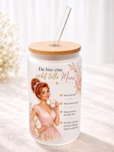 Personalisiertes Mama Glas mit Bambusdeckel und Glasstrohhalm, Haarfarbe rot