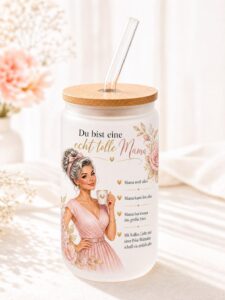 Personalisiertes Mama Glas mit Bambusdeckel und Glasstrohhalm, Haarfarbe grau