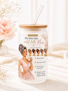 Personalisiertes Mama Glas mit Wunschname und Auswahl der Haarfarbe
