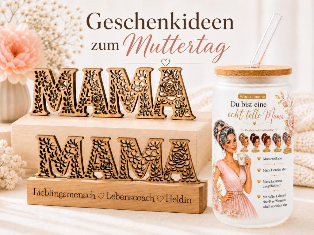 Geschenkideen zum Muttertag mit MAMA Holzaufsteller und Mama Glas