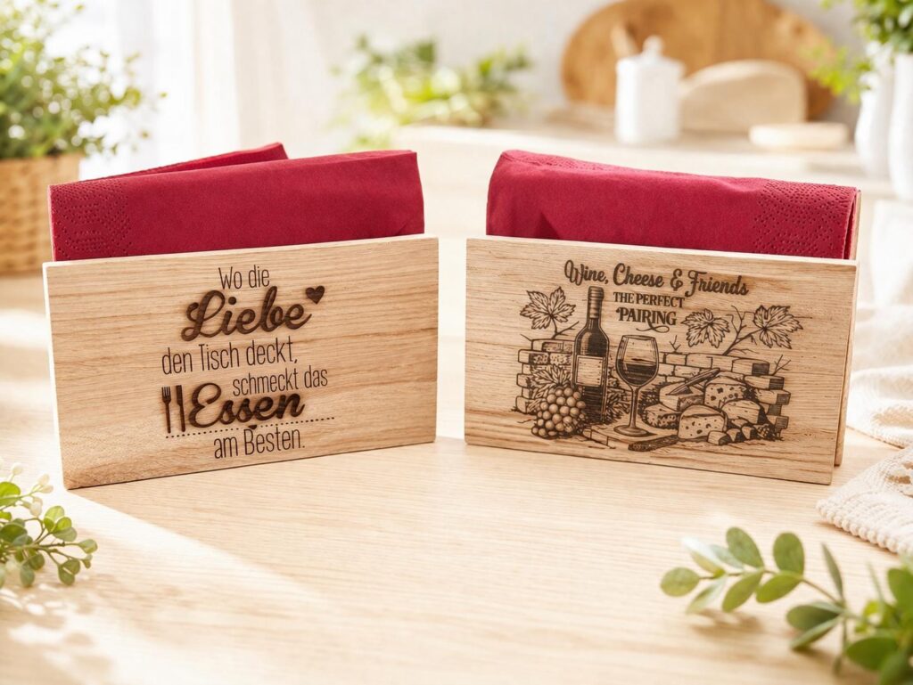 Serviettenhalter aus Holz mit Lasergravur und roter Serviette als Motivauswahl