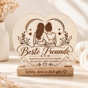 Personalisiertes Freunde Herz aus Holz mit Standfuss und Spruch Schoen dass es dich gibt