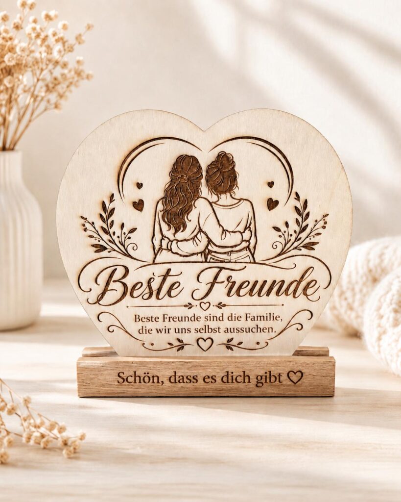 Personalisiertes Freunde-Herz aus Holz mit Standfuß und Spruch Schön dass es dich gibt