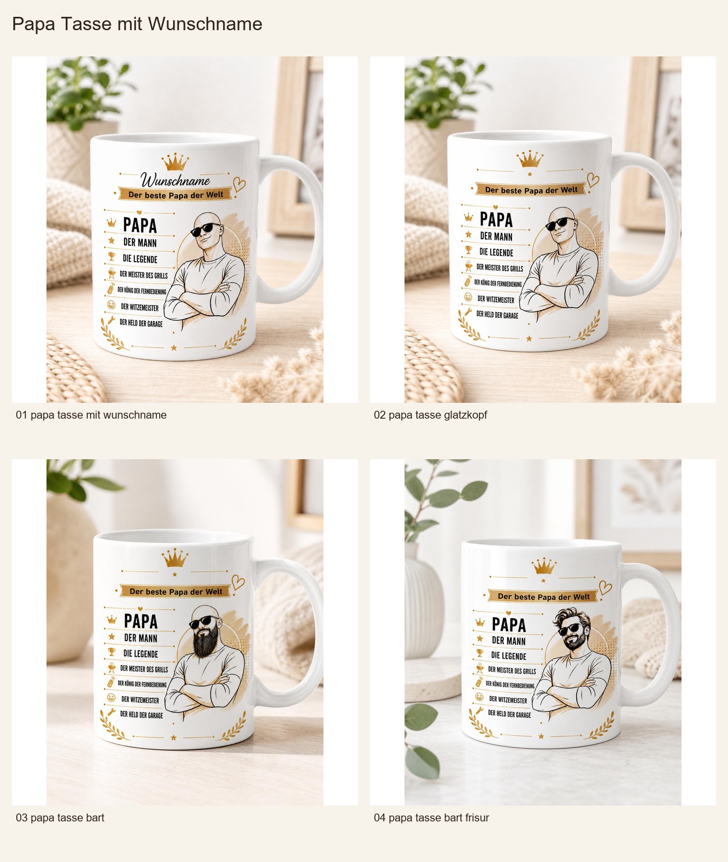 Uebersicht der Papa Tasse mit Wunschname und verschiedenen Motivansichten