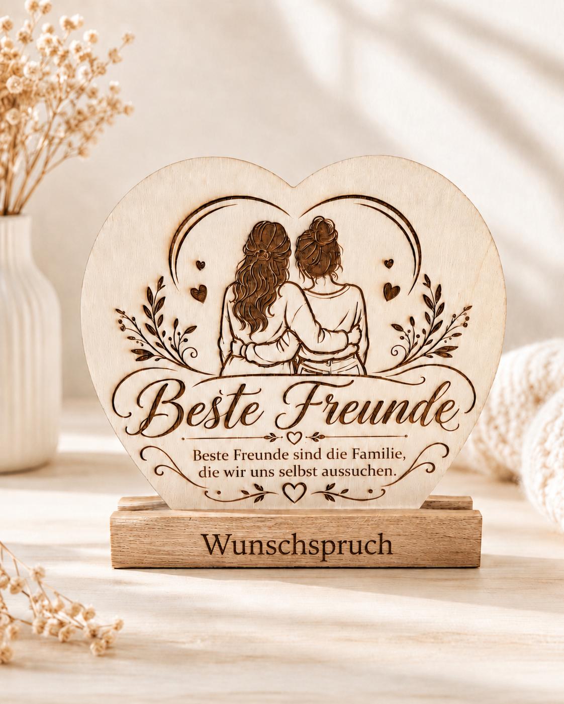 Personalisiertes Freunde Herz aus Holz mit Wunschspruch auf dem Sockel