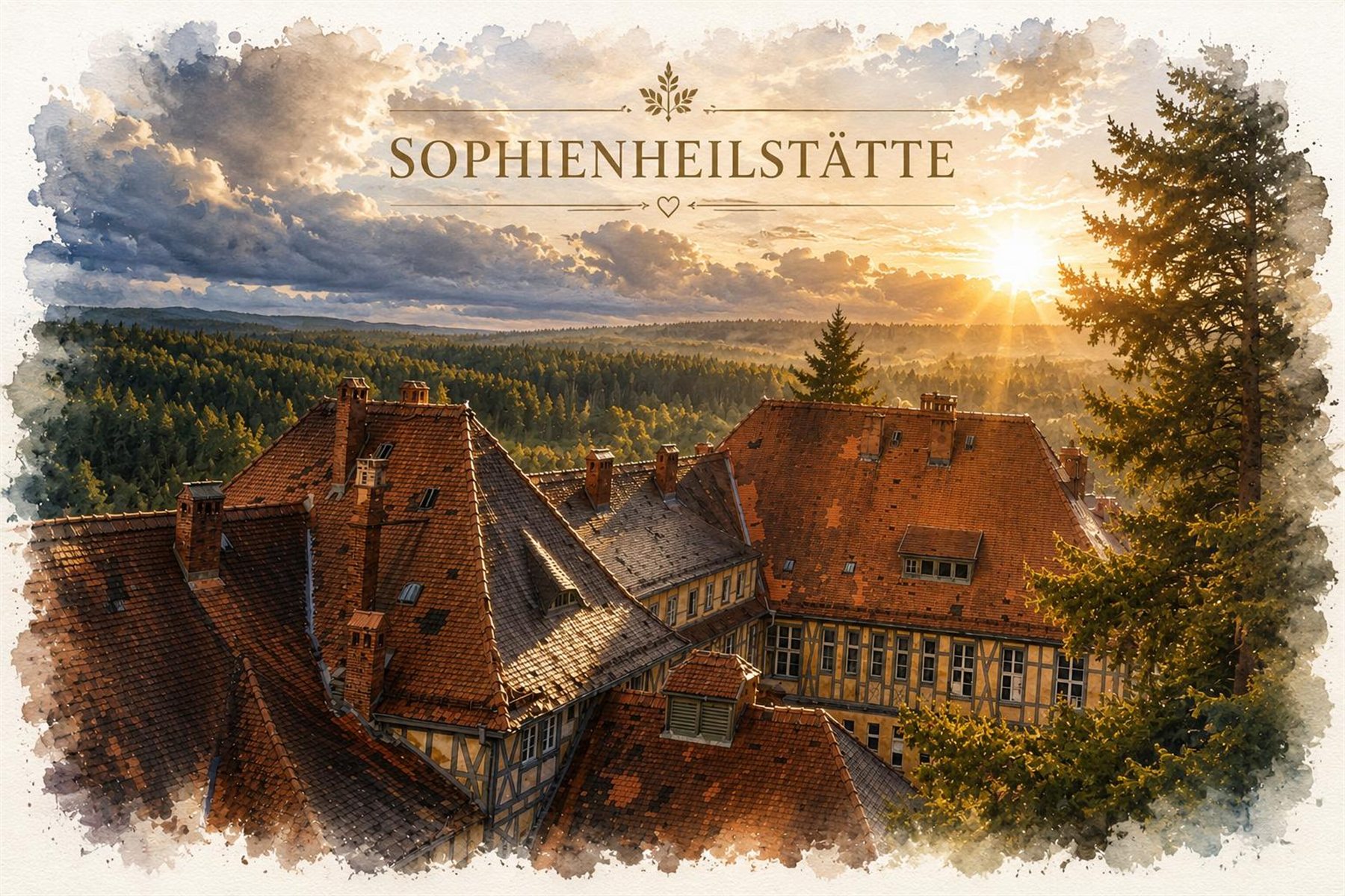 Sophienheilstätte mit Wald und Sonnenuntergang